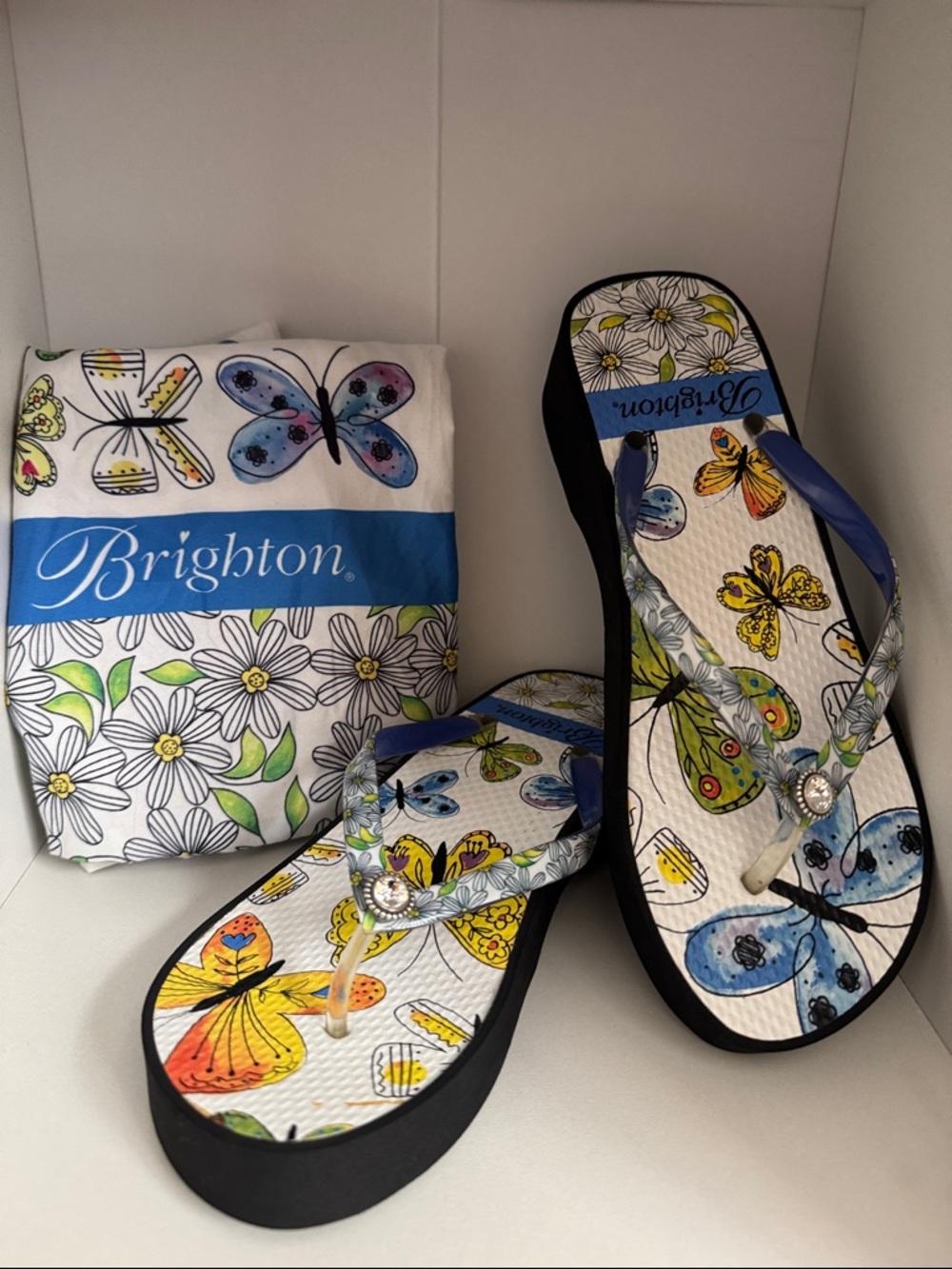Brighton Butterfly & Floral Platform Flip Flops - Blue, Yellow, White